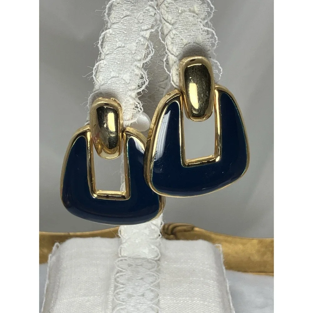 Vtg Earrings Gold Tone Blue Enamel Door Knocker Old Money Statement Estate 80's